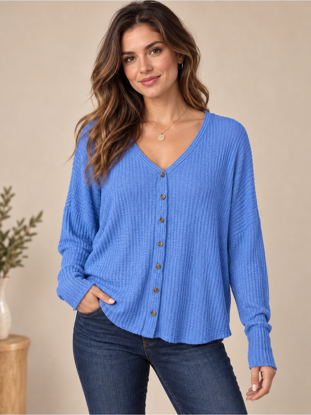 Out From Under Blue Waffle-Knit Button-Front Top